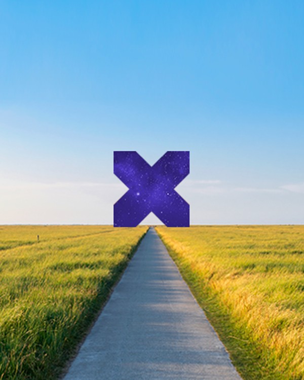 A blue x in the middle of an open field.