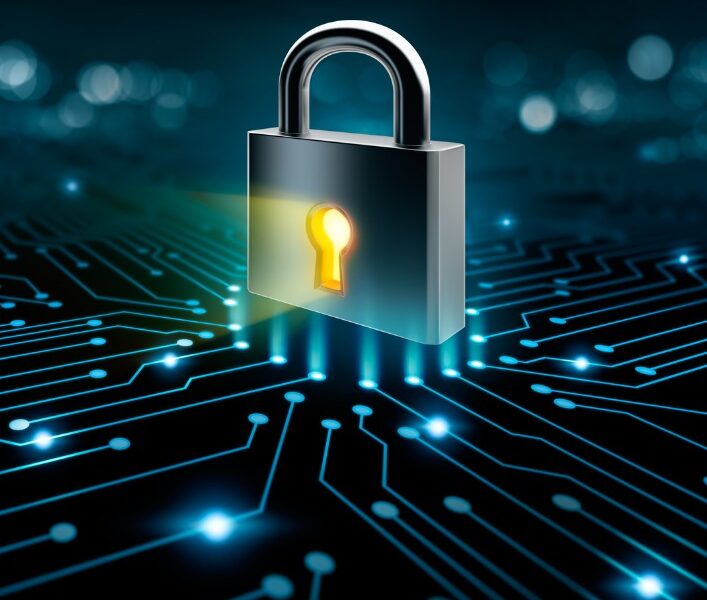 A padlock on top of a circuit board.
