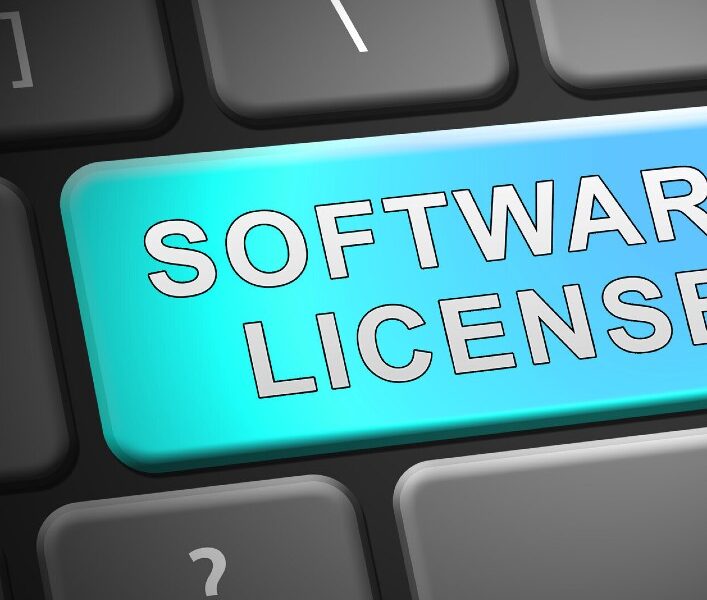 A keyboard with the words software license on it.