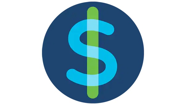 A blue and green dollar sign in the middle of a circle.