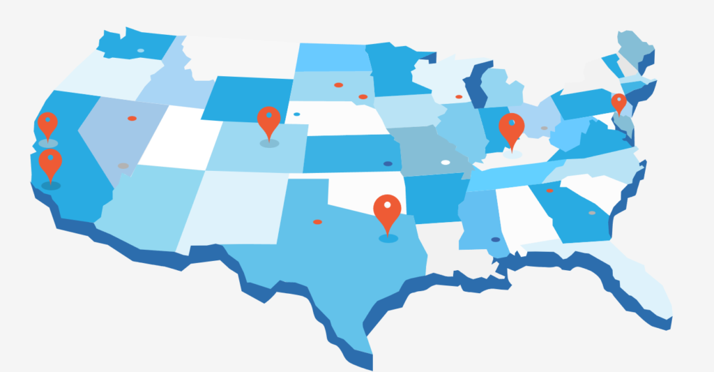 A map of the united states with three locations marked.