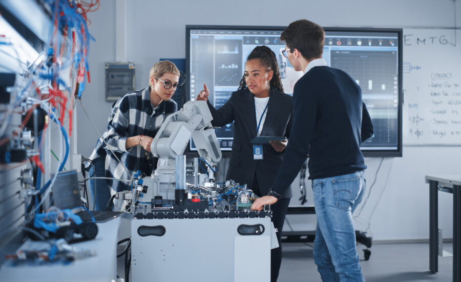 Three people standing around a table with a robot.