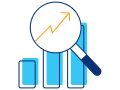 A magnifying glass over a bar graph.