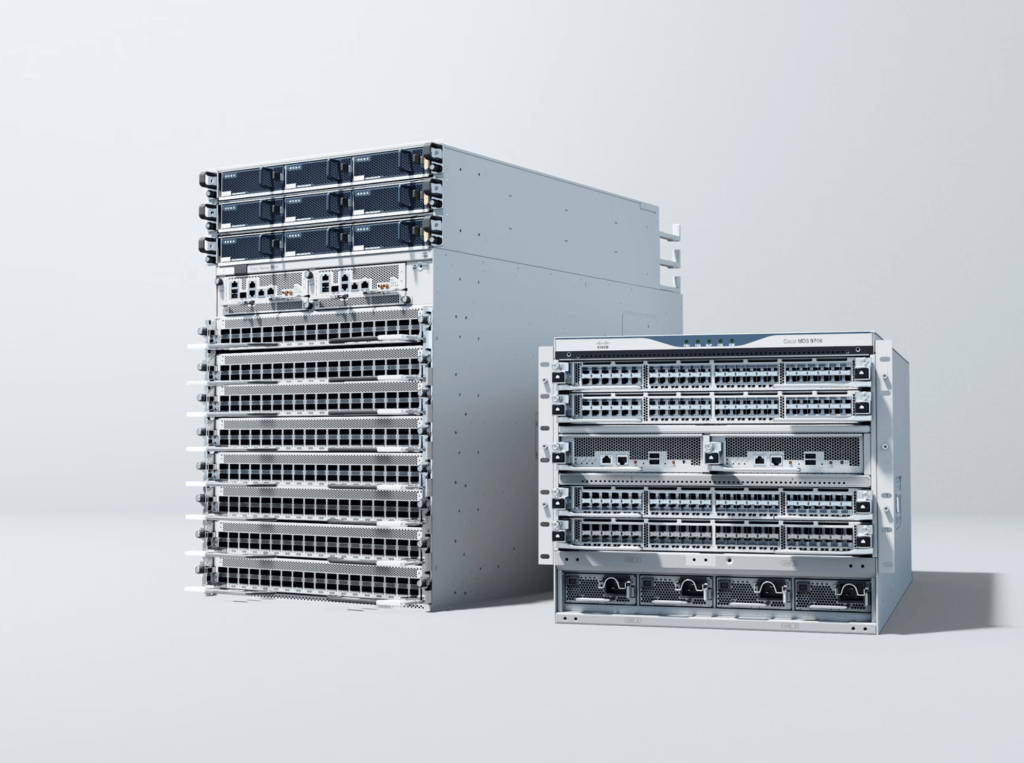 A series of computer servers are stacked on top of each other.