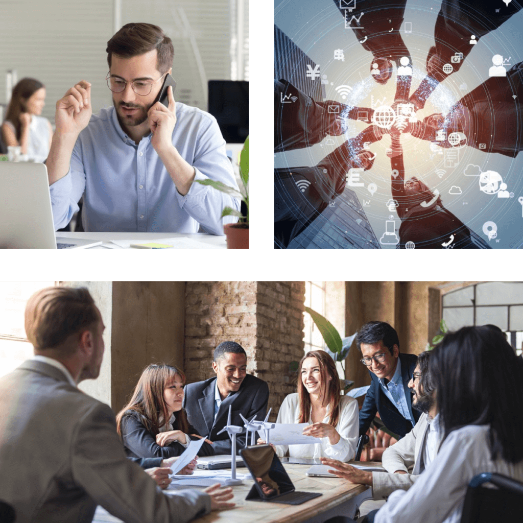 A collage of people sitting at tables and talking.