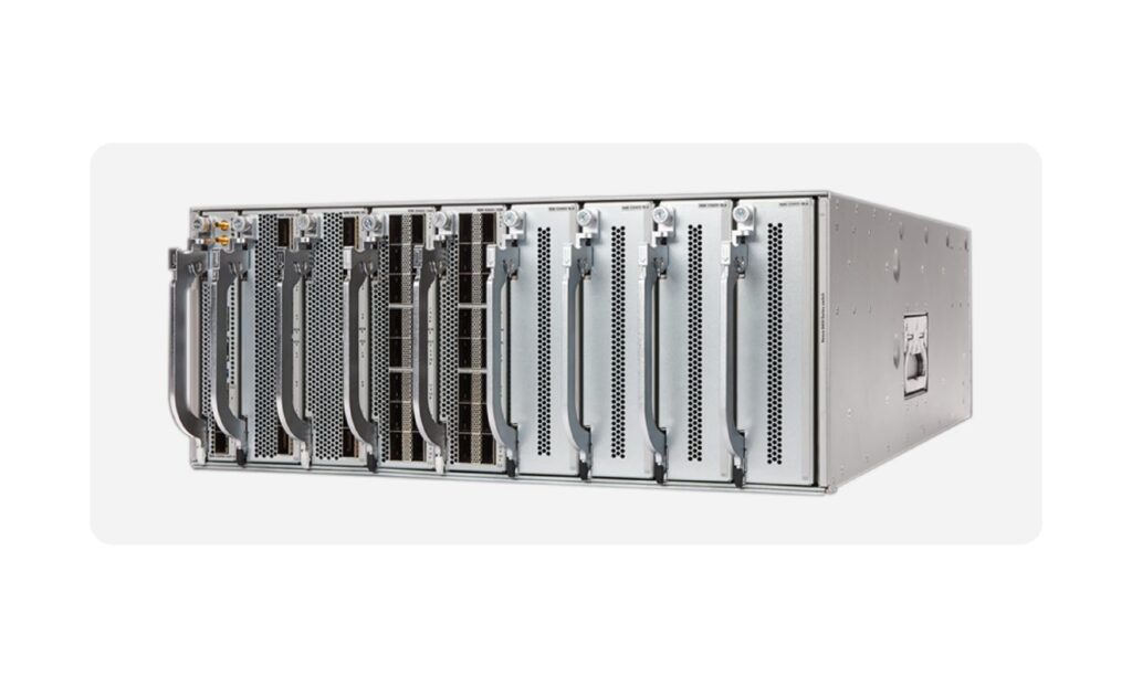 A large rack of servers with many rows.